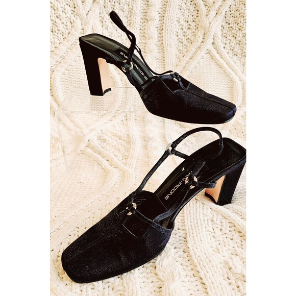 VTG Evan Picone D'Orsay‎ Heels Navy Metallic Shine Slingback Leather Sole 7.5 M - Picture 1 of 4